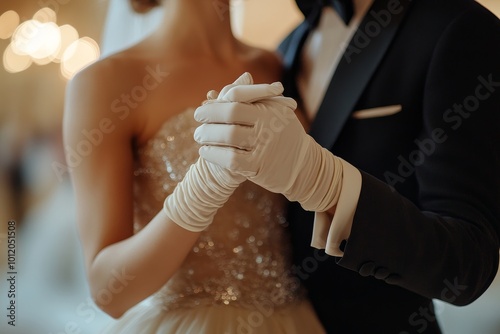 Close up of historical young couple dancing waltz together in ballroom, focus on gloved hands, copy space, Generative AI