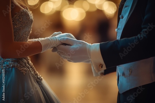 Close up of historical young couple dancing waltz together in ballroom, focus on gloved hands, copy space, Generative AI