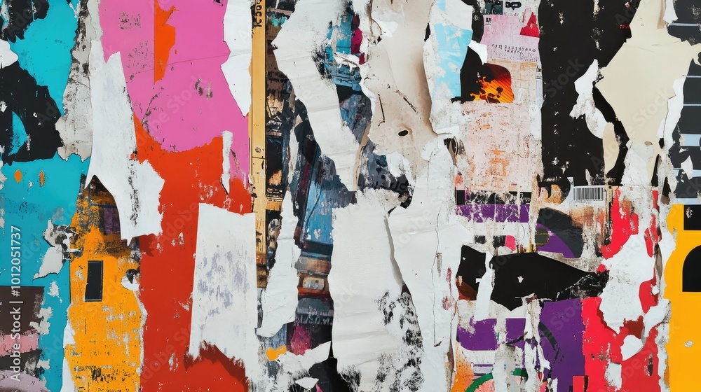Fototapeta premium Collage of Torn Street Posters Creating an Abstract Background. AI generated illustration
