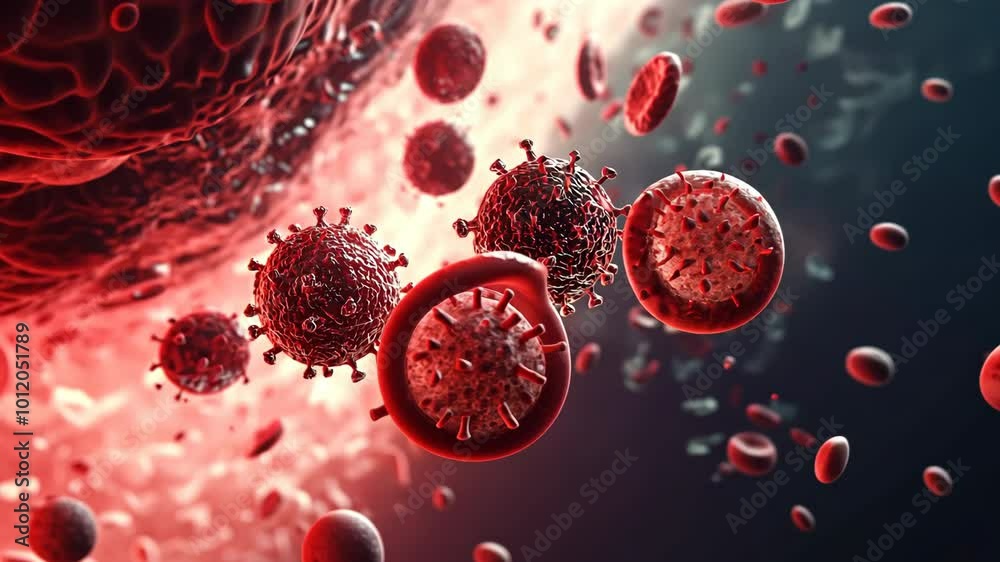 A close up of red blood cells with a virus in the middle