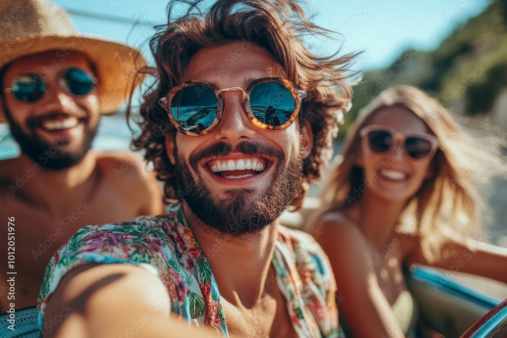 Happy Friends Sitting In Car Enjoying Road Trip, Generative AI Happy Friends Sitting In Car Enjoying Road Trip, Generative AI