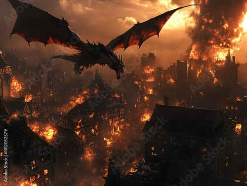 Fantasy dragon flying over a burning medieval cityscape photo