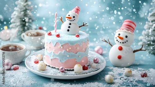 Festive cake with snowman decorations on a winter background. photo