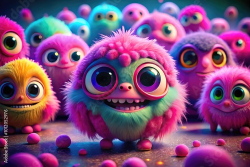 Cute and Playful Pink Monsters with Big Eyes and Funny Expressions on a Colorful Background