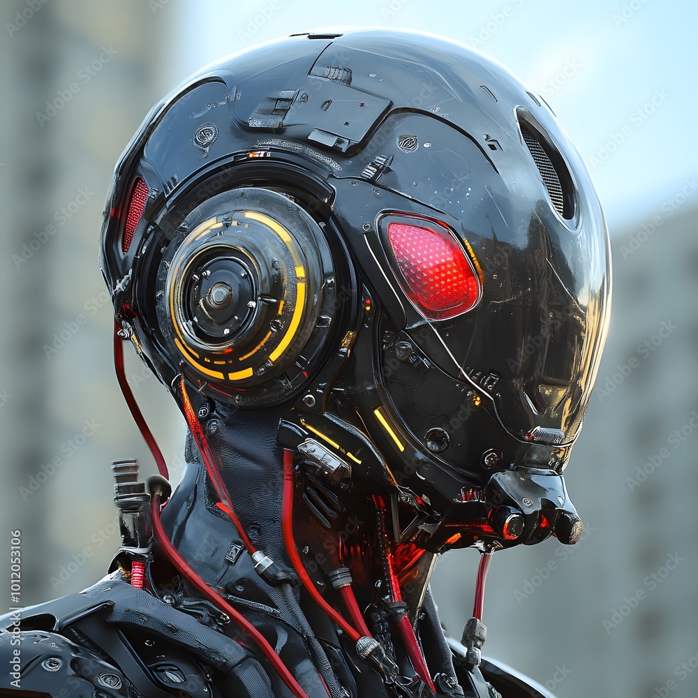 Fototapeta premium Futuristic robotic head, intricate design, metallic surface