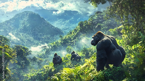 Gorillas in lush jungle landscape, surrounded by misty mountains. photo