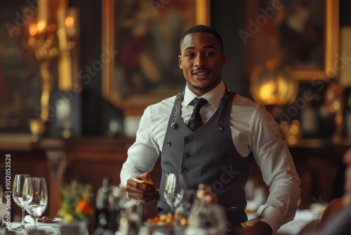 Staff meeting in luxury restaurant with Black young man as manager talking to servers wearing classic uniform, Generative AI photo