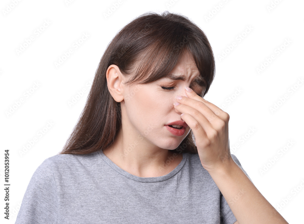 Woman suffering from sinusitis on white background Woman suffering from sinusitis on white background