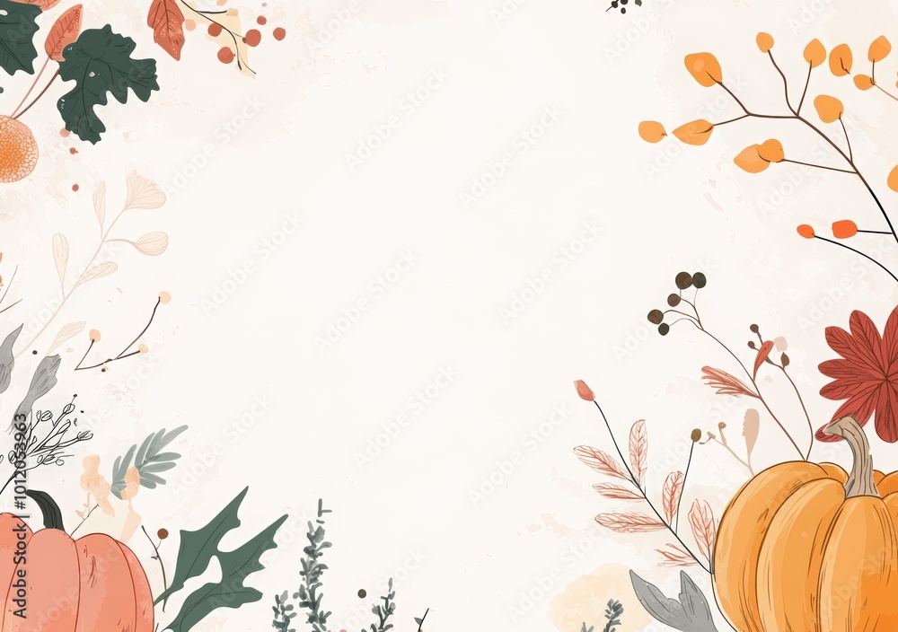 Happy Thanksgiving Day background with a hand-drawn sketch of a pumpkin, autumn leaves, wild flowers and a floral frame on a white color backdrop for design elements. Happy Thanksgiving Day background with a hand-drawn sketch of a pumpkin, autumn leaves, wild flowers and a floral frame on a white color backdrop for design elements.