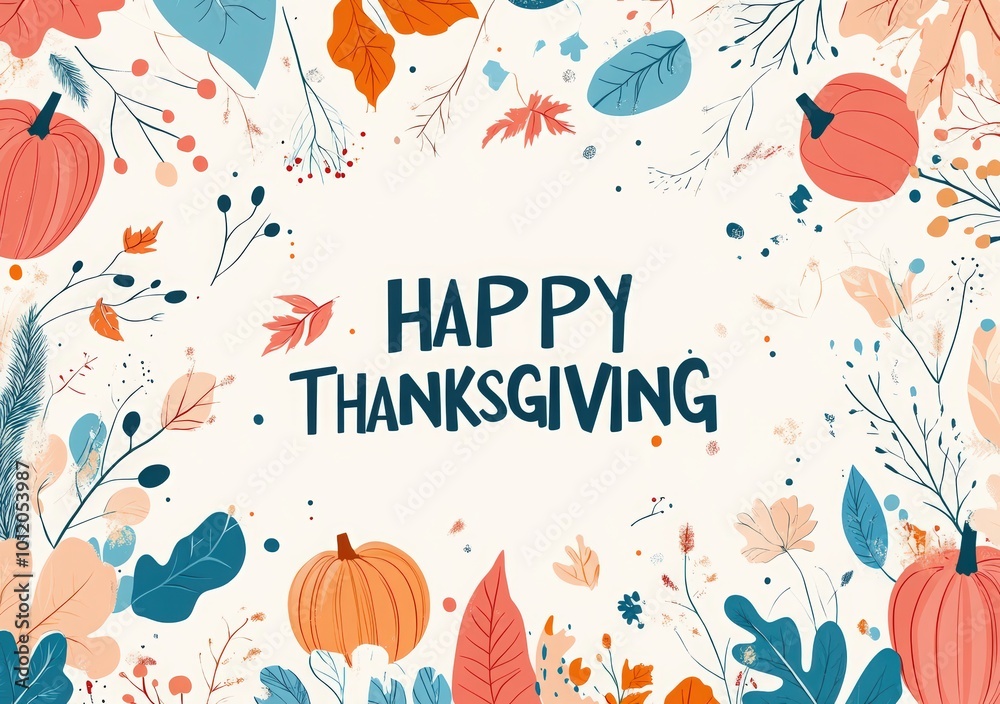Happy Thanksgiving Day background with a hand-drawn sketch of a pumpkin, autumn leaves, wild flowers and a floral frame on a white color backdrop for design elements. Happy Thanksgiving Day background with a hand-drawn sketch of a pumpkin, autumn leaves, wild flowers and a floral frame on a white color backdrop for design elements.