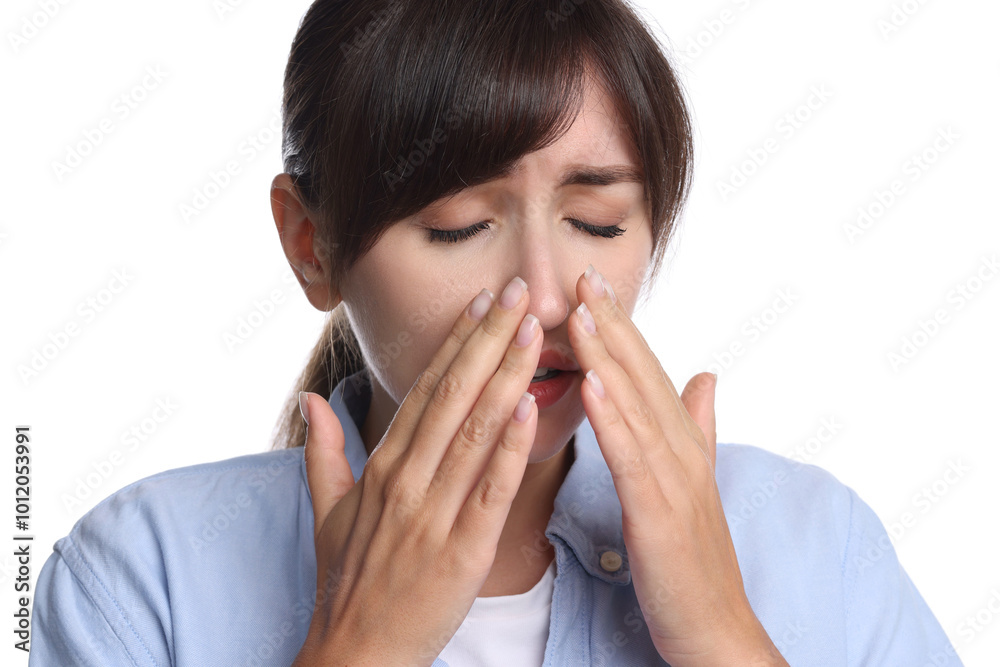 Woman suffering from sinusitis on white background Woman suffering from sinusitis on white background