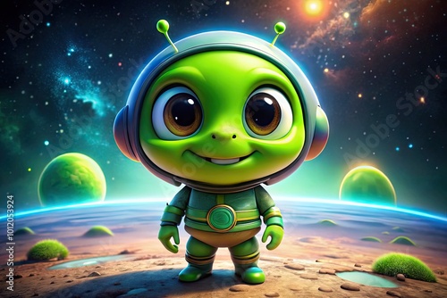 Cute Little Green Martian Cartoon Character with Big Eyes and a Friendly Smile in Outer Space Theme