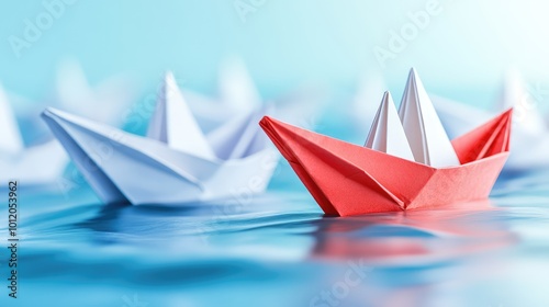 Wallpaper Mural Fleet of Paper Ships with One Taking a Divergent Path. AI generated illustration Torontodigital.ca