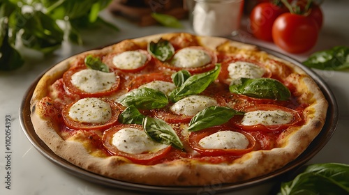 Margherita pizza with fresh basil on a wooden plate.