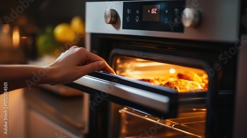 Hand Lowering the Door of a Digital Countertop Oven. AI generated illustration