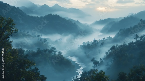 Misty mountains and river scenery under a cloudy sky.