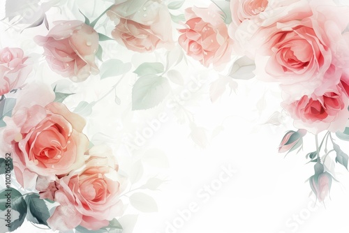 A vibrant arrangement of watercolor roses in various shades of pink and coral surrounded by lush green leaves, creating a fresh floral ambiance