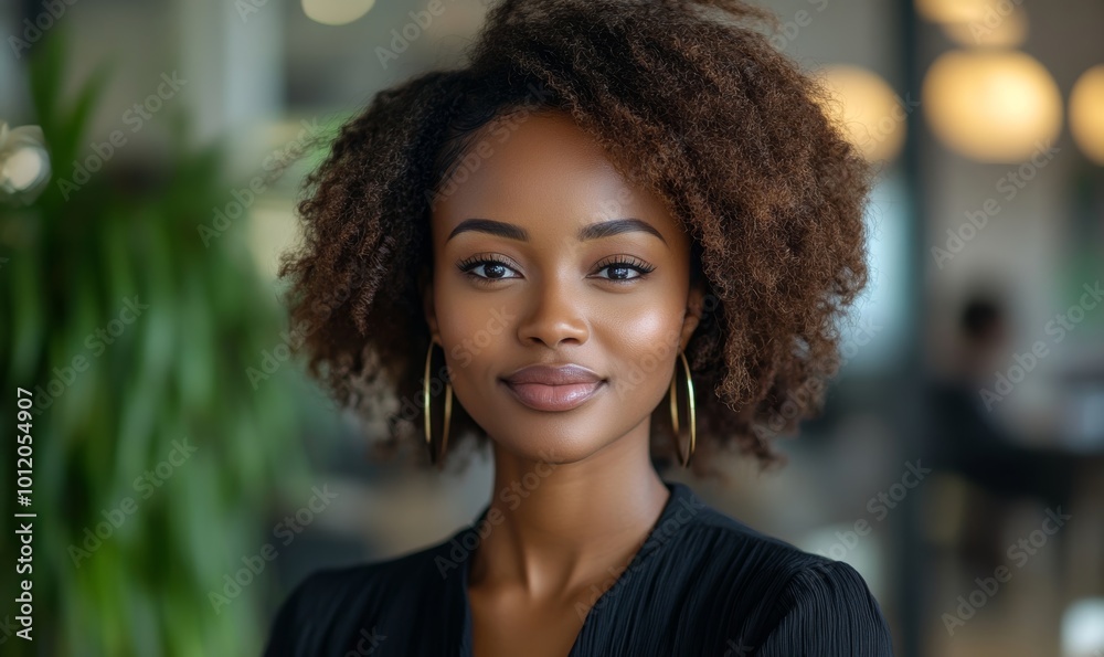 Portrait of Beautiful pretty black woman secretary with stylish hair. Businesswoman looks at the camera and smiles. Office background. Generative AI Portrait of Beautiful pretty black woman secretary with stylish hair. Businesswoman looks at the camera and smiles. Office background. Generative AI