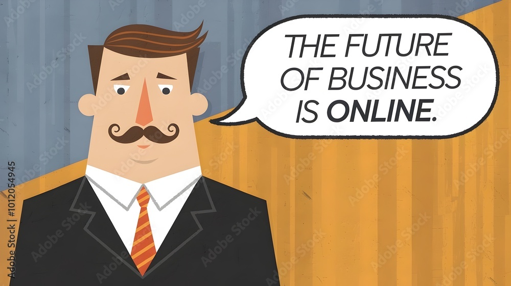 Businessman in suit with mustache and speech bubble about online business Businessman in suit with mustache and speech bubble about online business