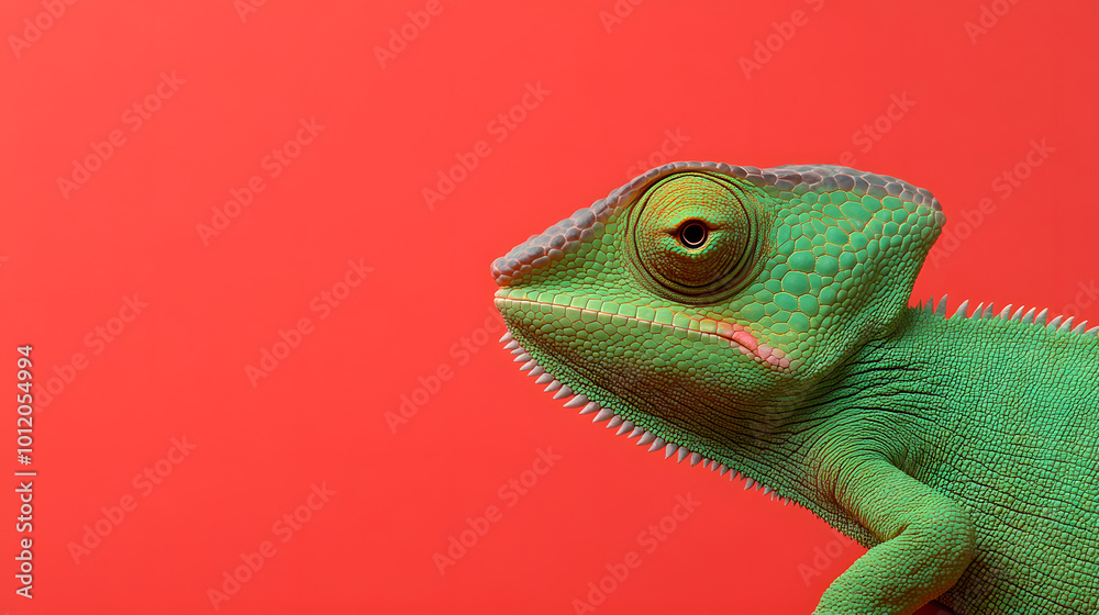 Fototapeta premium Green Chameleon in Front of a Red Background | Vibrant Contrast Highlighting the Unique Beauty of Nature