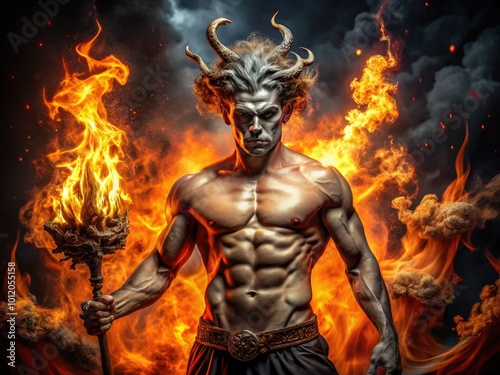 Dark and Mysterious Representation of Hades from Greek Mythology Surrounded by Shadows and Flames