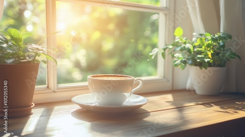 Cup with a hot drink on the window - cozy atmosphere