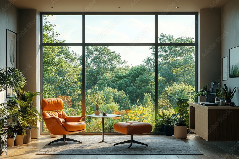 Home interior with work zone, table and armchair near panoramic window, Generative AI Home interior with work zone, table and armchair near panoramic window, Generative AI