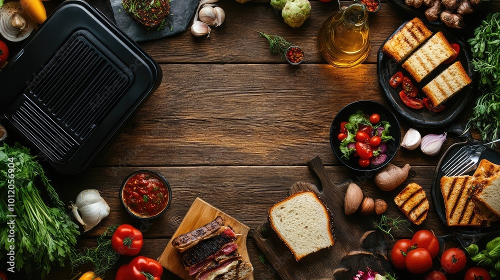 Modern Grill Maker with Sandwiches and Ingredients on Wooden Table. AI generated illustration Modern Grill Maker with Sandwiches and Ingredients on Wooden Table. AI generated illustration
