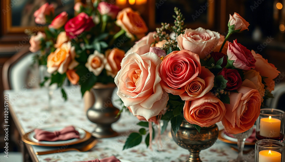 A stunning display of pink and peach roses elegantly arranged on a formal dining table, creating a romantic and luxurious ambiance perfect for special occasions.
A stunning display of pink and peach roses elegantly arranged on a formal dining table, creating a romantic and luxurious ambiance perfect for special occasions.
