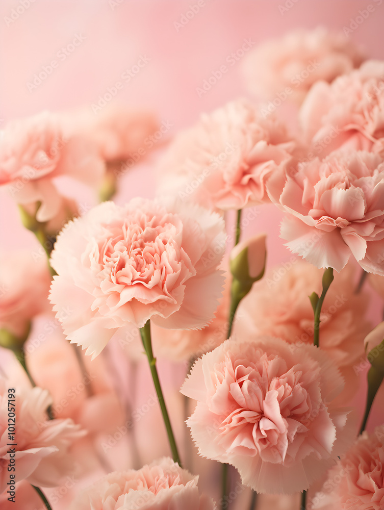 Close up of soft pink carnations flowers on pastel pink background Close up of soft pink carnations flowers on pastel pink background