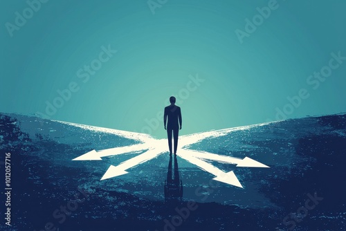 Person standing at the crossroads of three paths symbolizing decision making in life choices and career opportunities