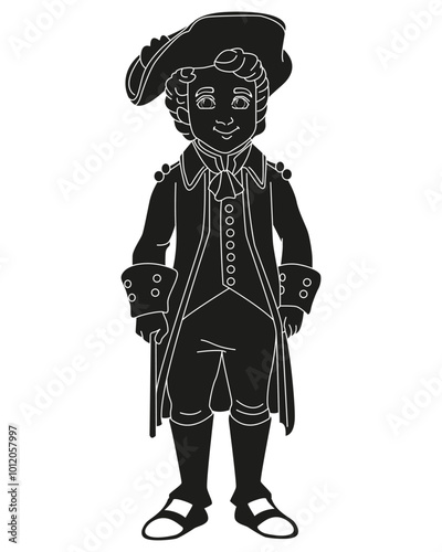 Aristocratic cartoon man of Europe of Renaissance period. France People wearing medieval clothes. Outline. Vector illustration isolated on white background.