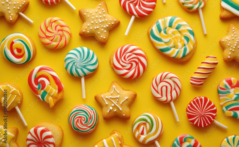 Fototapeta premium pattern of New Year's gingerbread and lollipops on a bright yellow background. New Year concept 