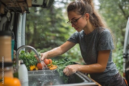 Young woman in eyeglasses washing vegetables under water in sink while standing in the van during camping, Generative AI