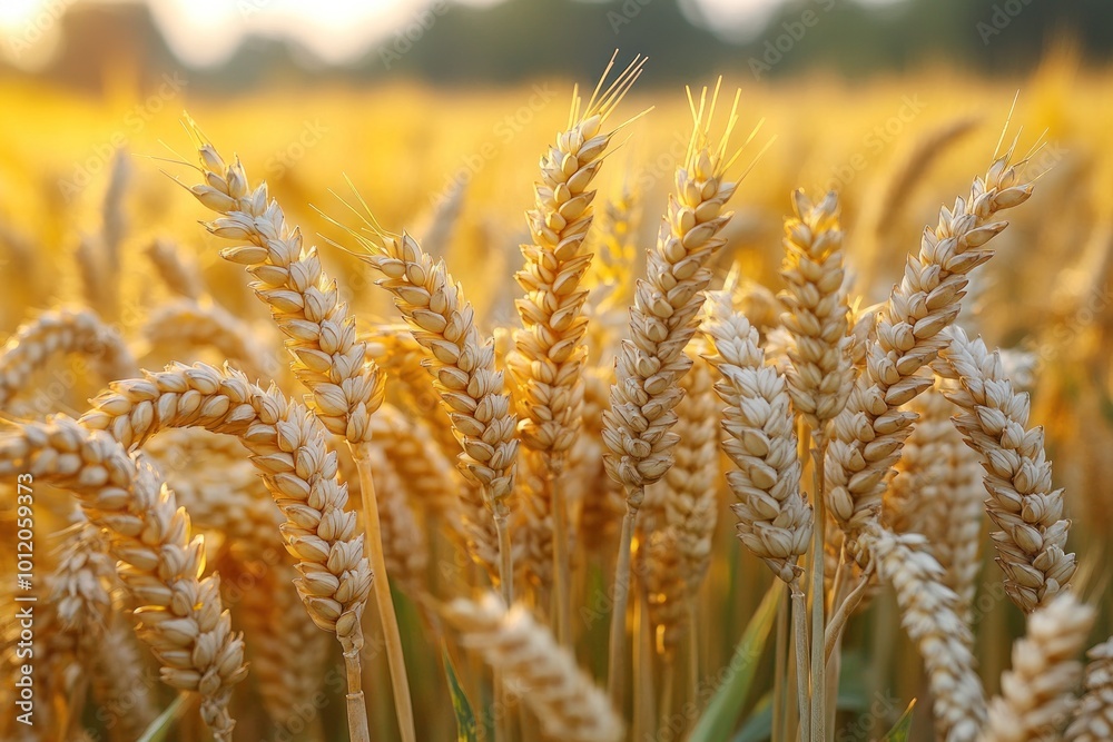 Fototapeta premium Golden wheat stalks in a field, illuminated by the setting sun.