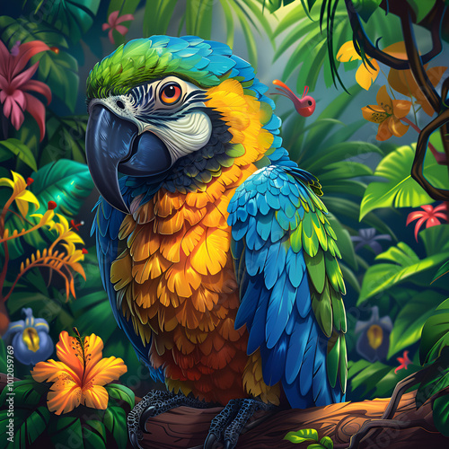 A vibrant digital artwork featuring a blue and green parrot amidst lush tropical flora, including hibiscus flowers. The detailed illustration captures the exotic beauty of the rainforest.

