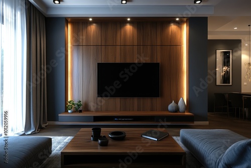 Contemporary Living Room Interior with Wall-Mounted TV and Decorative Elements in Dark Blue Background