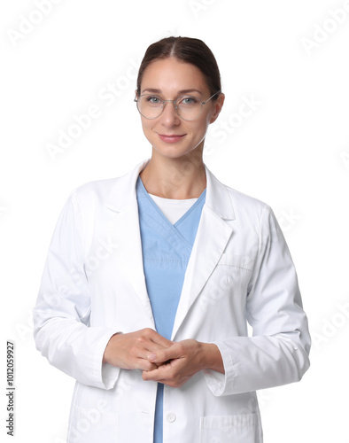 Nurse in medical uniform on white background