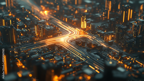 City as a Circuit. An aerial view of a bustling city where the roads and buildings are depicted as an intricate computer circuit symbolizing the modern interconnected world