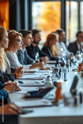 High angle angle view at group of doctors sitting round table during medical council or conference in clinic, copy space, Generative AI