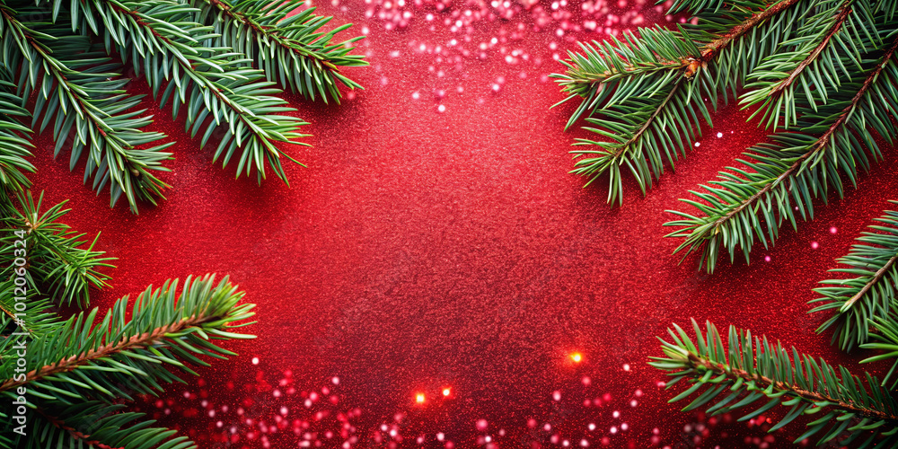 Christmas Fir Branches on Red Glitter Background. Top view