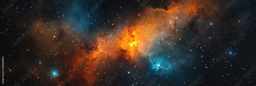 Naklejka premium Blue and Orange Cosmic Scene with Mysterious Stars and Nebulae