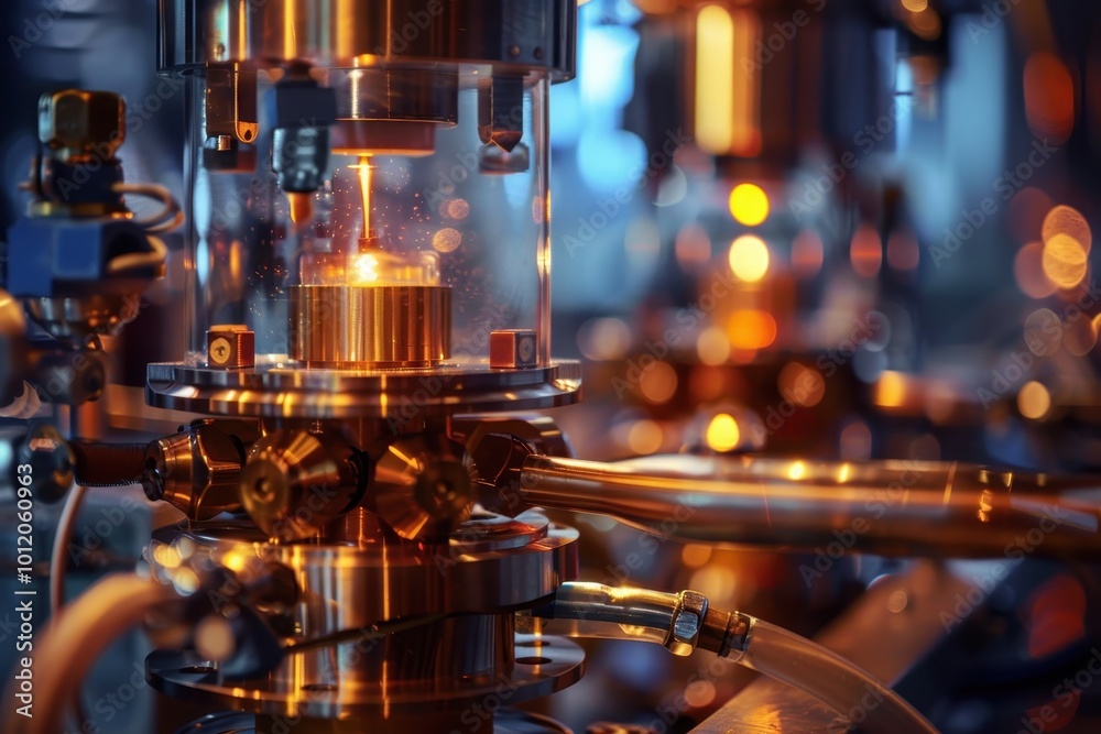 Close-up view of a high-tech manufacturing machine showcasing intricate components and glowing elements, revealing advanced engineering in a modern workshop Close-up view of a high-tech manufacturing machine showcasing intricate components and glowing elements, revealing advanced engineering in a modern workshop