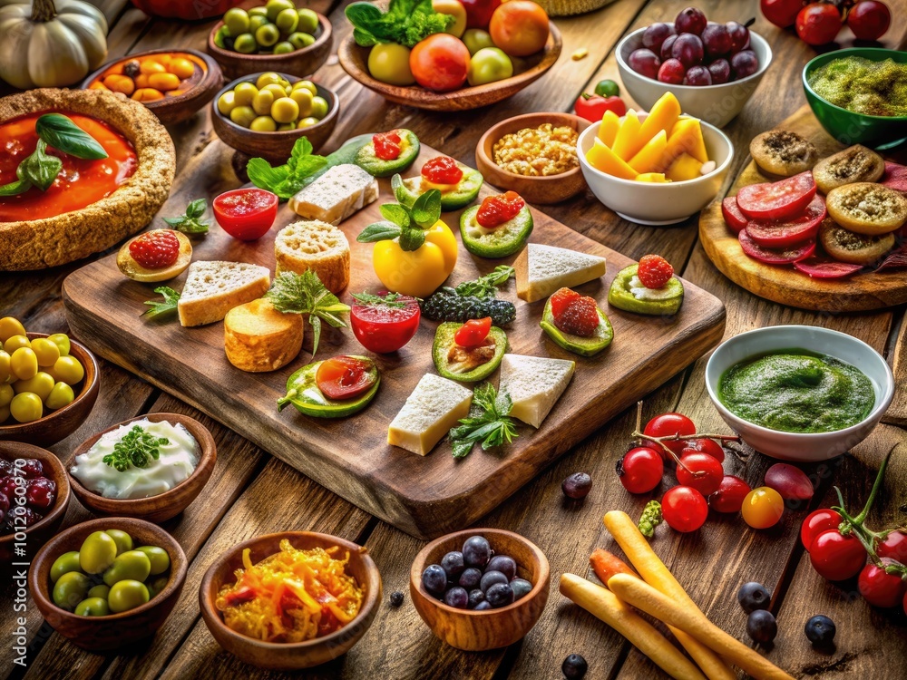 Delicious Assortment of Appetizers on a Rustic Wooden Table for a Perfect Gathering Experience Delicious Assortment of Appetizers on a Rustic Wooden Table for a Perfect Gathering Experience
