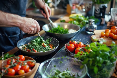 A home kitchen preparation with flour, eggs, and butter on a wooden table, showcasing baking essentials in a cozy cooking environment