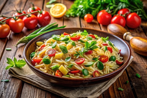 Delicious cooked orzo pasta served with fresh vegetables on a rustic wooden table background