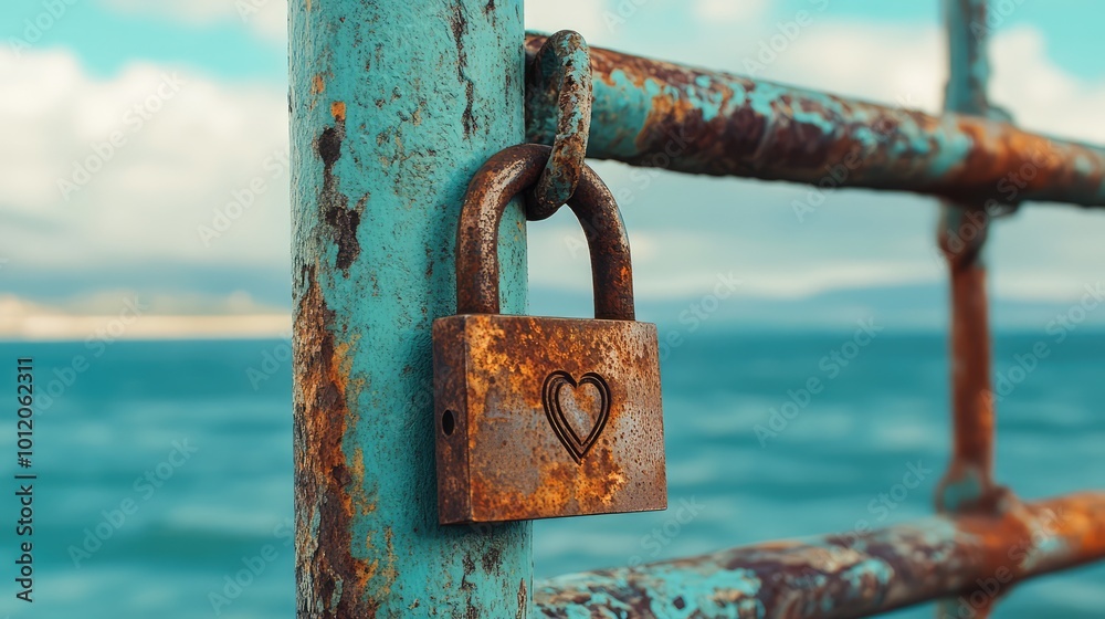 Rusty Love Padlock on a Bridge. AI generated illustration Rusty Love Padlock on a Bridge. AI generated illustration