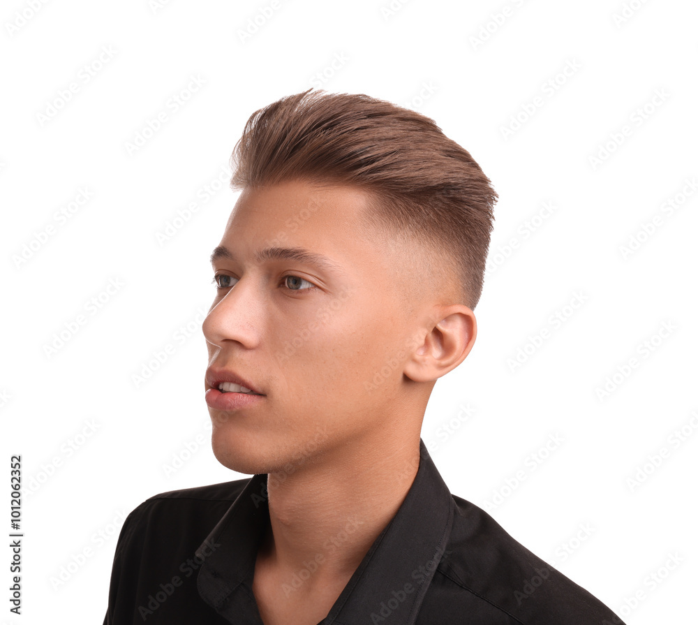 Handsome young man with stylish haircut on white background Handsome young man with stylish haircut on white background