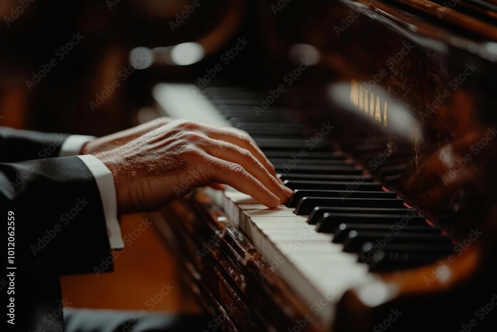 Close-up of pianist in suit playing the classical music on the piano at musical lesson, Generative AI Close-up of pianist in suit playing the classical music on the piano at musical lesson, Generative AI