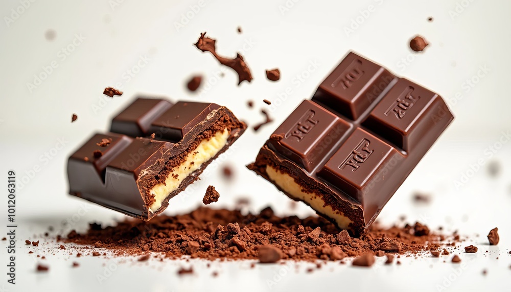 A splash of chocolate breaks apart a dark, sweet bar with pieces of cocoa, creating a delicious dessert scene A splash of chocolate breaks apart a dark, sweet bar with pieces of cocoa, creating a delicious dessert scene
